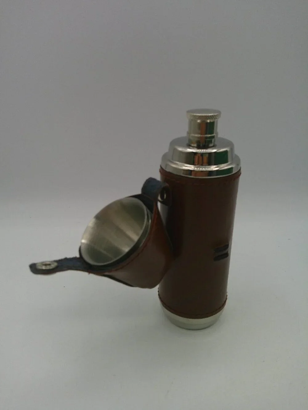 Dark Brown Leather Bottle Flask Stainless Steel 3 Cups H-6